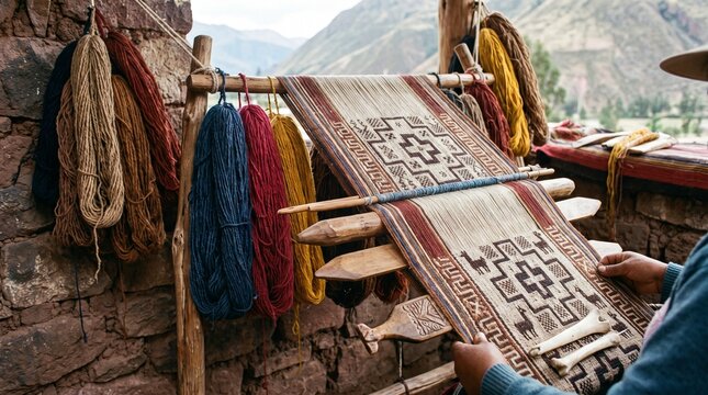 Traditional Andean textile artisan weaving intricate patterned fabric on a wooden loom with colorful dyed yarn hanging in bright daylight