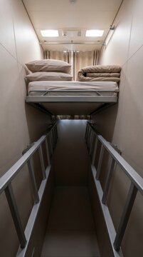Narrow cabin interior with bunk bed and stairs
