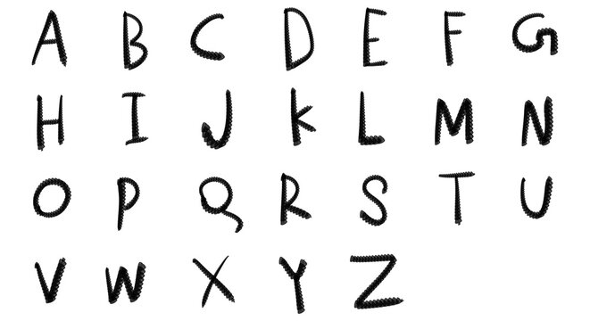Handwritten doodle alphabet PNG. Full A-Z uppercase letters. Kids style informal simple black marker font for school, teaching, crafts. Isolated transparent object.