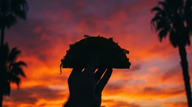Silhouette of Person Holding Taco Against Dramatic Fiery Sunset Sky