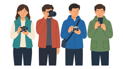 Fototapeta premium Four People Using Cameras and Smartphones Outdoors