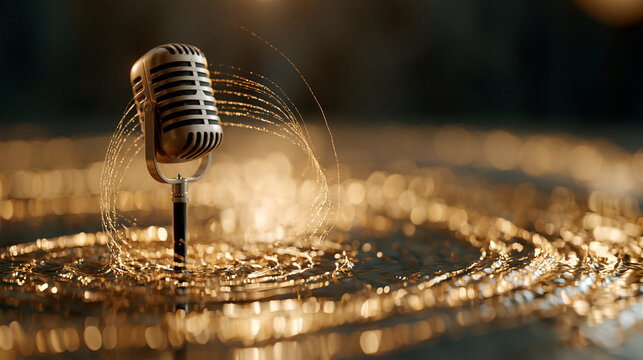 Luxury vintage gold microphone standing in golden liquid ripples with sound wave effects and warm bokeh background, podcast and audio recording concept.