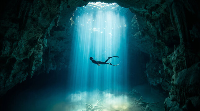Underwater fine art photograph of a freediver suspended weightless inside a massive sunbeam penetrating crystal clear water in Cenote El Pit.