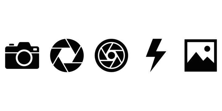 Flat design camera and photography icons set with lightning bolt