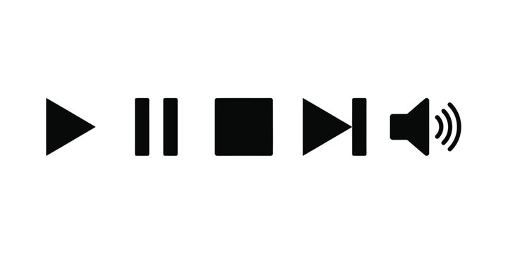 Modern black media player control icons set