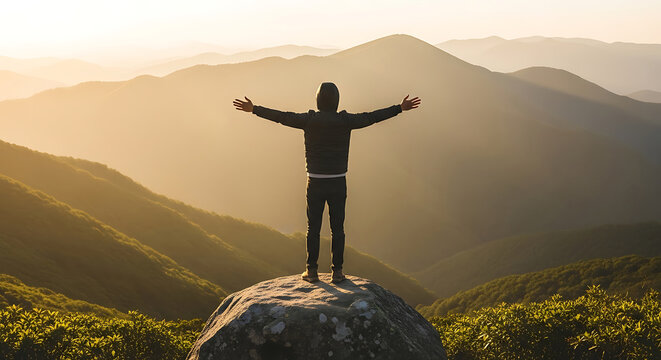 Man standing on top of rock with arms wide open enjoying sunrise over misty mountain valley in beautiful nature.