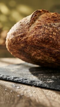 Fresh artisan bread loaf on a slate plate