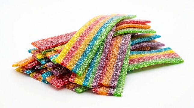 Stack of colorful sour rainbow candy strips with gummy candy sugar coated snack food party food sweets shop confectionery shop food photography sweet tooth junk food sugar rush colorful