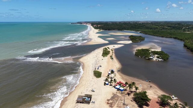 Vista a&eacute;rea de Barra de Gramame, Para&iacute;ba, com encontro do rio e o mar (Aerial view of Barra de Gramame, Para&iacute;ba, Brazil, where the river meets the ocean)