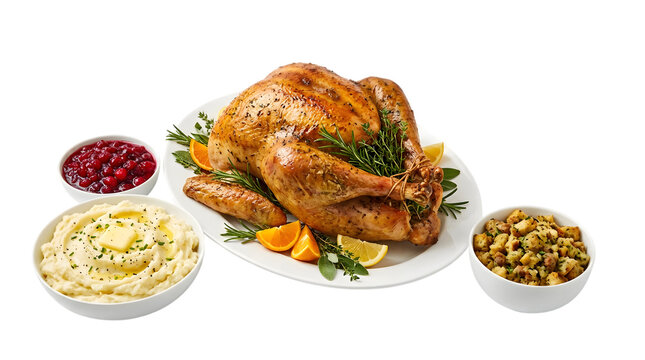Thanksgiving turkey feast with mashed potatoes cranberry sauce and stuffing on transparent background for holiday menu design.