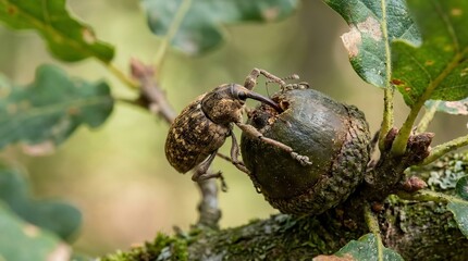 Fototapeta premium Macro shot of a weevil insect boring into a green acorn on a tree branch