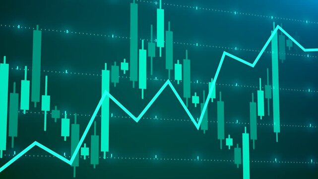 Graph stock market candlestick chart with average line financial investment analysis. in blue tones color and clean design.