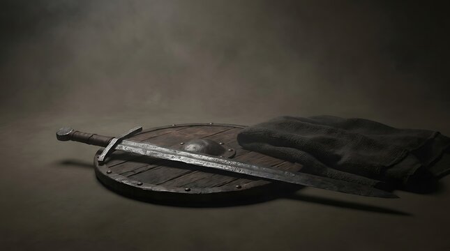 A cinematic depiction of an ancient Beowulf warrior shield and sword resting on a dark rustic surface for epic fantasy
