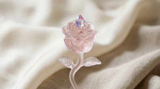 Carved rose quartz crystal flower figurine on a soft draped fabric background