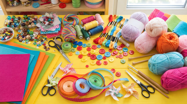 Colorful assortment of children's craft supplies scattered on a table.