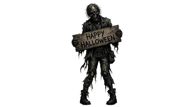 Zombie holding a wooden sign with halloween text ink sketch style