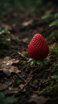 Fresh wild strawberry growing in the forest ground