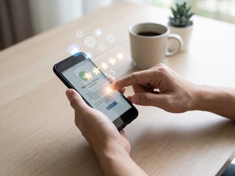 Man hands hold smartphone and use digital screen for online customer review with five star rating.