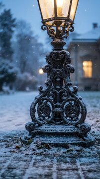 Vintage street lamp glowing in winter snow