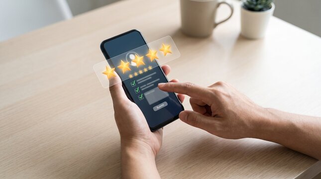 Man hands hold smartphone and use digital screen for online customer review with five star rating.