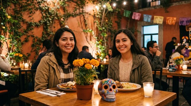 Two female friends dining beside marigolds and sugar skull
