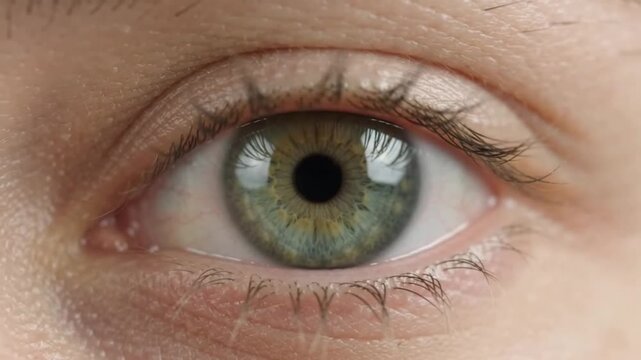 Extreme close-up of a vibrant human eye with a striking green and hazel iris, revealing intricate details of vision and sight.