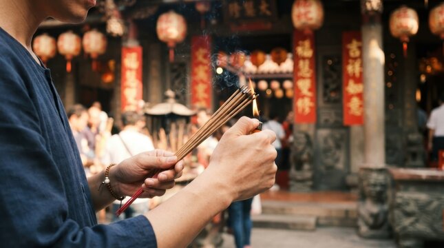 Incense Offering at Temple: A person holds a bundle of incense sticks, preparing to offer them at a vibrant temple, surrounded by glowing lanterns and traditional architecture.
