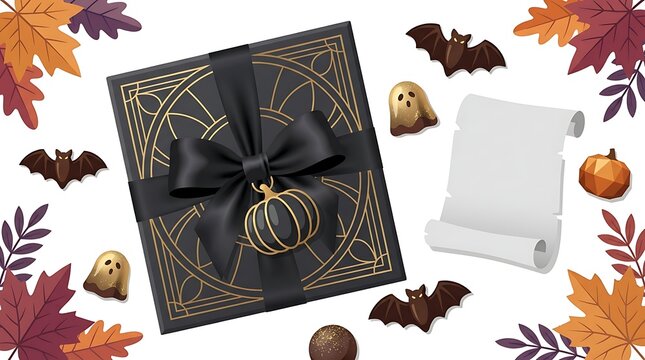 Black gift box with a pumpkin charm and ribbon surrounded by halloween autumn leaves bats and a blank paper scroll for seasonal party invitations or spooky greeting card design elements