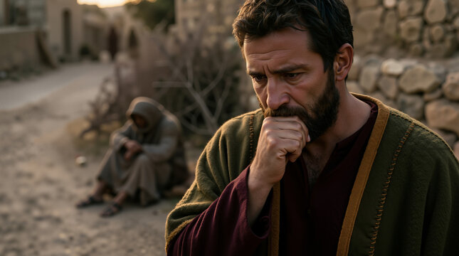 Biblical man looking away in regret and guilt after ignoring beggar in need. Close up of man showing remorse. Concept of the sheep and goats parable