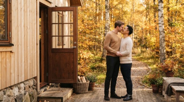 Autumn Embrace: A loving gay couple shares a tender kiss on the porch of a rustic wooden cabin, surrounded by the vibrant hues of an autumnal forest.