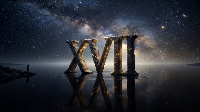 Large Roman numerals XVII stand in still water under a starry night sky with the Milky Way, reflecting on the surface, with a lone figure on the shore.