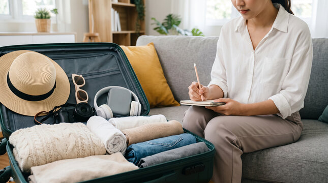 Woman making a packing list beside an open suitcase filled with folded clothes and travel accessories before a trip, organizing luggage for a holiday at home, vacation packing, trip planning, luggage 