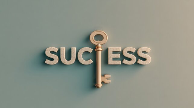 A golden key replaces the letter C in the word SUCCESS. This business metaphor illustrates achievement and unlocking potential for corporate leadership concepts.