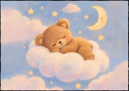 Cute pastel illustration of a sweet fluffy teddy bear sleeping peacefully on a fluffy cloud in the night sky, surrounded by glowing stars and a smiling crescent moon.