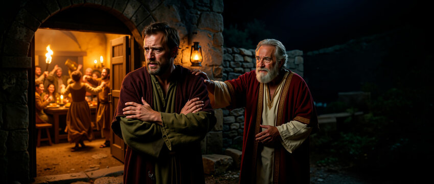 Biblical parable of the prodigal son. Jealous older brother standing outside while father pleads during celebration feast