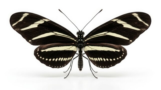 Detailed illustration of a zebra longwing butterfly with black and white striped wings wing span white background wing pattern flying insect butterfly entomology wildlife lepidoptera