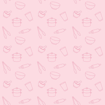 Seamless pink kitchenware pattern with line art of mixing bowl, mortar and pestle, steamer pot, tongs, glass, and rolling pin. Sweet baking and cooking utensils background for recipe books