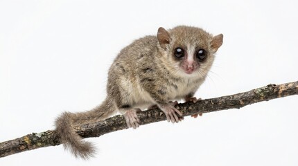 Fototapeta premium Small mouse lemur sitting on a thin branch isolated on white background with small animal wild animal cute animal exotic pet small mammal animal life looking at camera rare species