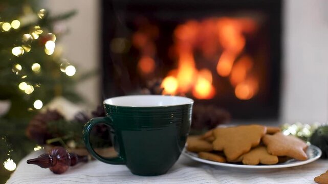 Steaming Hot Tea Mug and Gingerbread Cookies Beside Cozy Burning Fireplace and Christmas Tree video. Cozy Christmas Eve, Winter Warm Atmosphere