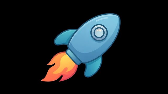 A clean minimalist vector illustration of a futuristic rocket flying diagonally upward with a rounded body, circular window, simple fins, and a flowing flame trail. Modern flat design with subtle dime
