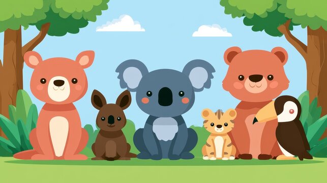 Cute Australia-themed greeting card featuring adorable native animals in a charming vector illustration style, perfect for postcards, invitations, travel designs, and educational materials.