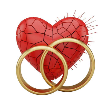Intertwined wedding rings with a broken heart