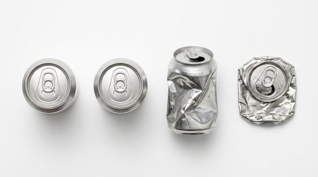 Four aluminum soda cans including two crushed empty ones
