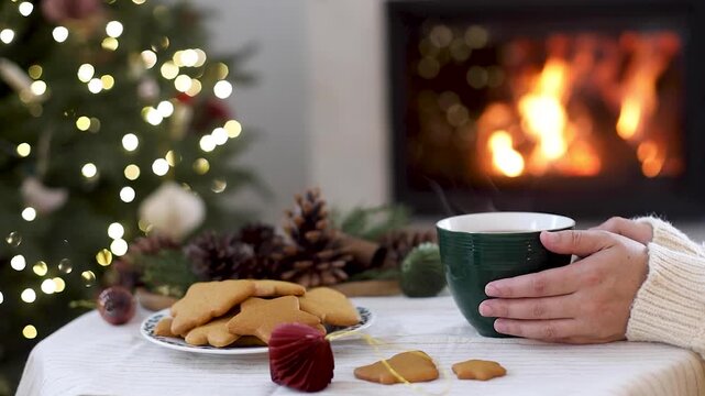 Woman Holding Warm Steaming Mug by Cozy Fireplace and Christmas Tree with Fresh Cookies video. Winter Hygge, Cozy Holiday Evening. Christmas Atmosphere