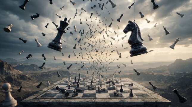 Surreal landscape with a giant chessboard and numerous chess pieces floating dramatically under a stormy sky, featuring a prominent king and knight.