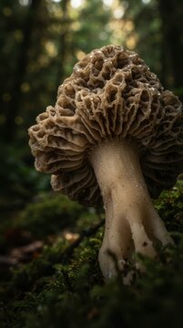 Morel mushroom growing in forest moss