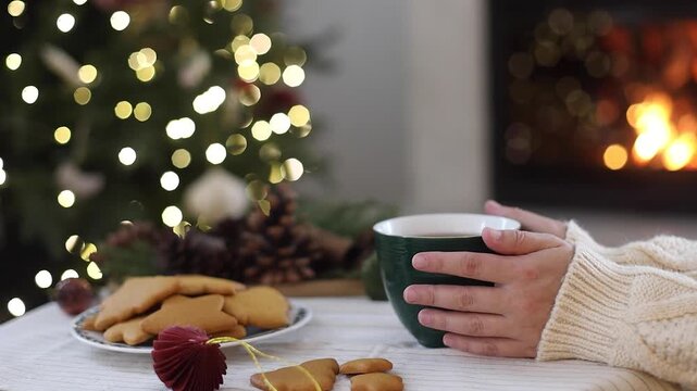 Woman Hand Holding Cup of Hot Tea Near Christmas Tree and Fireplace video. Winter Hygge, Cozy Holiday Evening, Christmas Atmosphere. Seasonal Relaxation
