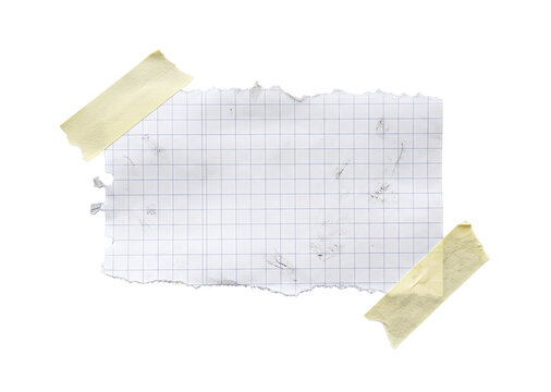  A rectangular white grid paper piece with torn edge details,binder holes and light yellow adhesive tapes on a transparent background