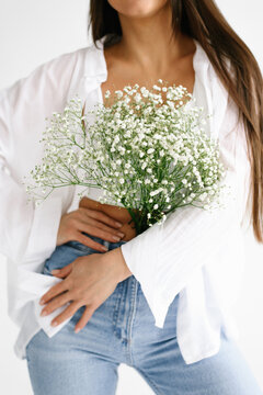 Flowers White Gypsophila and Female Hands Waist