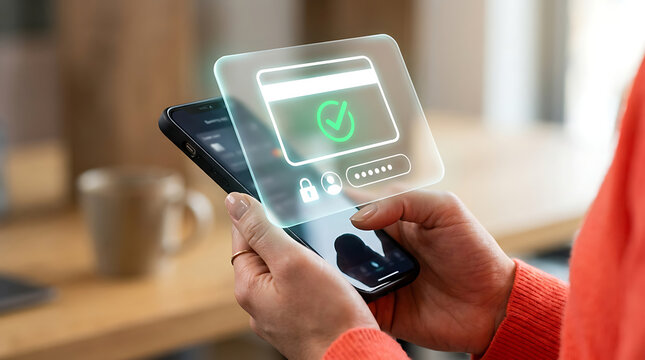 Hand holding smartphone with transparent glass interface displaying successful payment checkmark and secure card icons for high tech digital banking solutions in modern environment.
